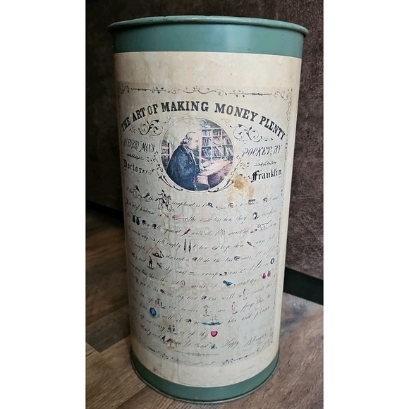 The Art of Making Money Plenty Vintage Trash Can Umbrella Stand 18 Inches Tin - Picture 1 of 14